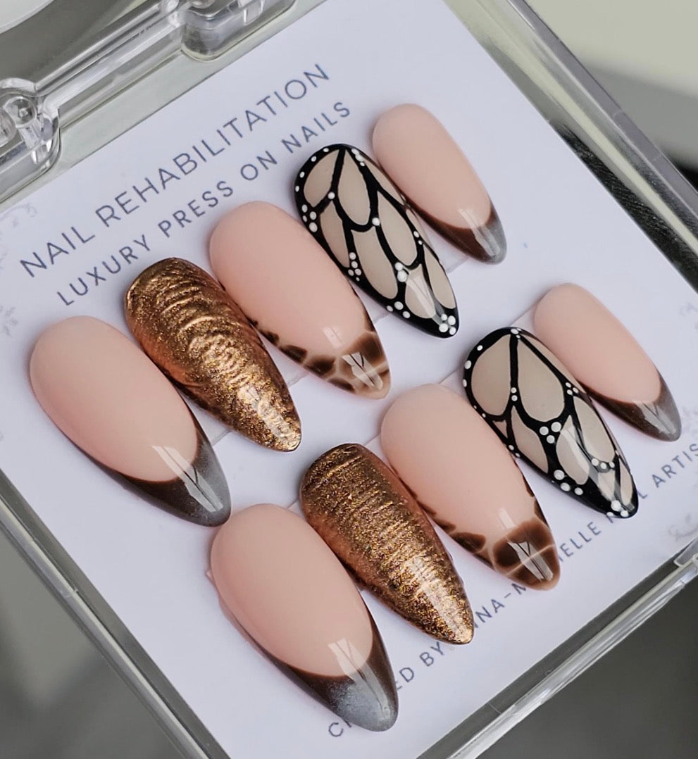 Brown Butterfly & Gold Press-On Nails