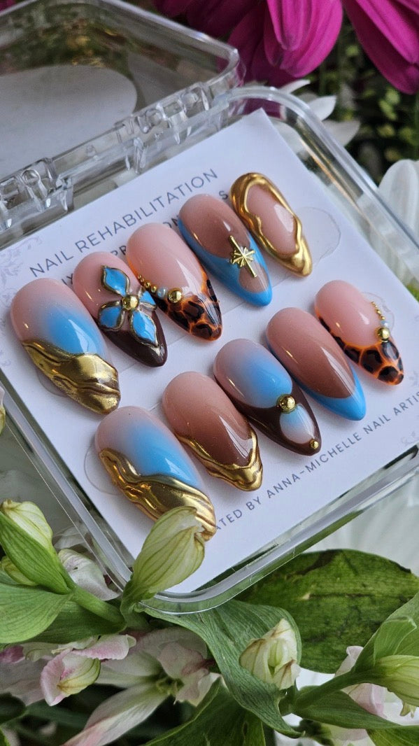 Blue & Tortoiseshell Gold 3D Press-On Nails