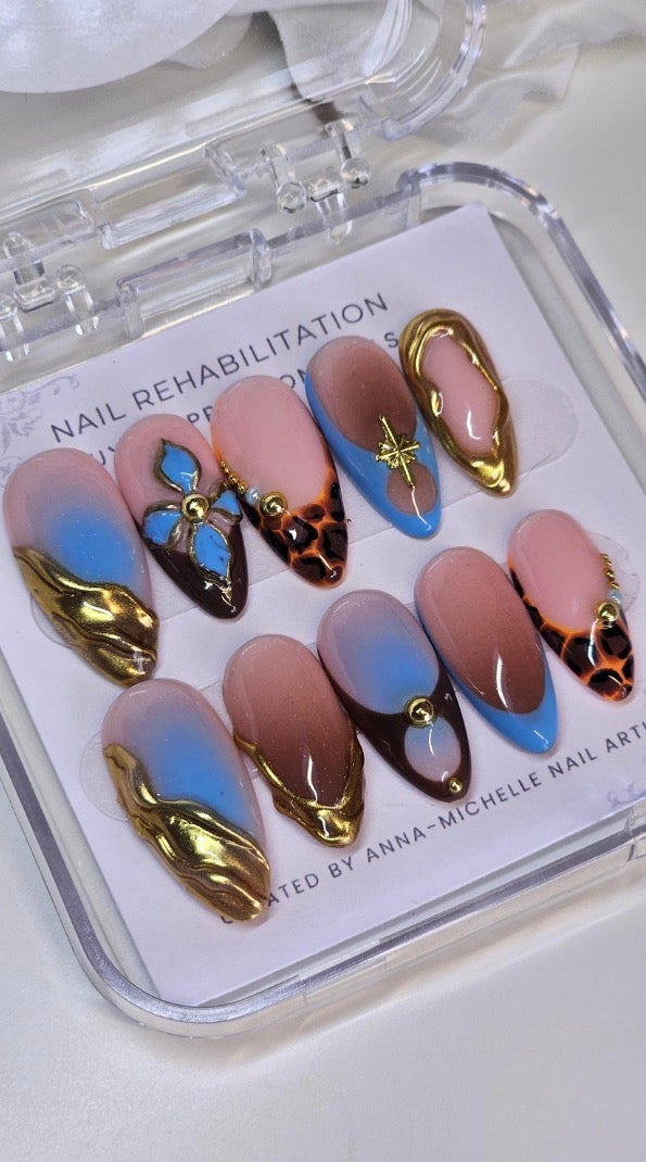 Blue & Tortoiseshell Gold 3D Press-On Nails