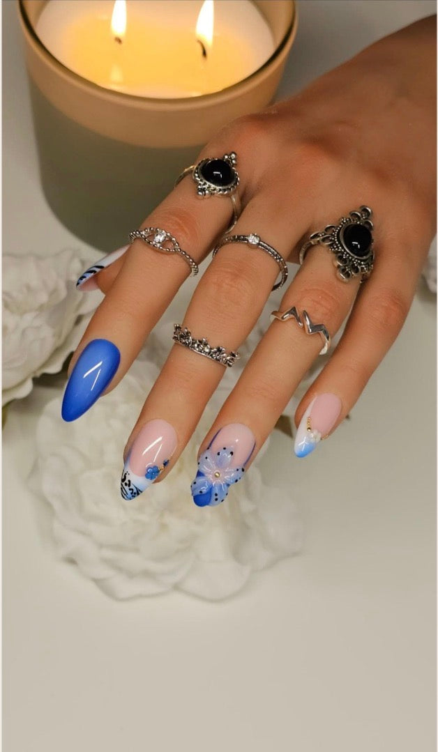 Blue Floral Zebra Press-On Nails