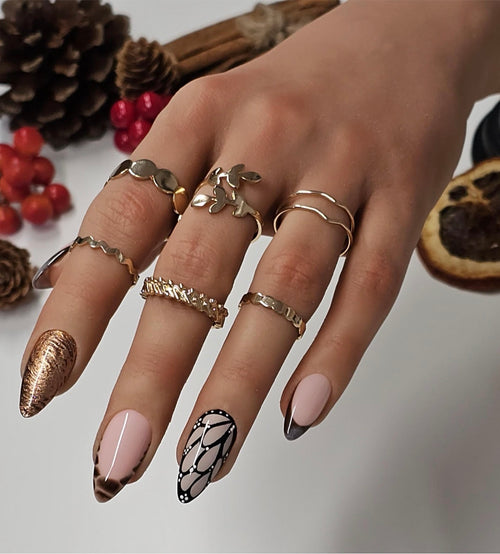 Brown Butterfly & Gold Press-On Nails