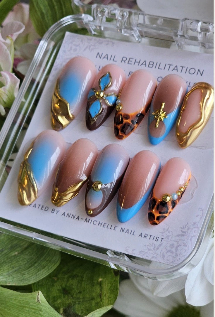 Blue & Tortoiseshell Gold 3D Press-On Nails