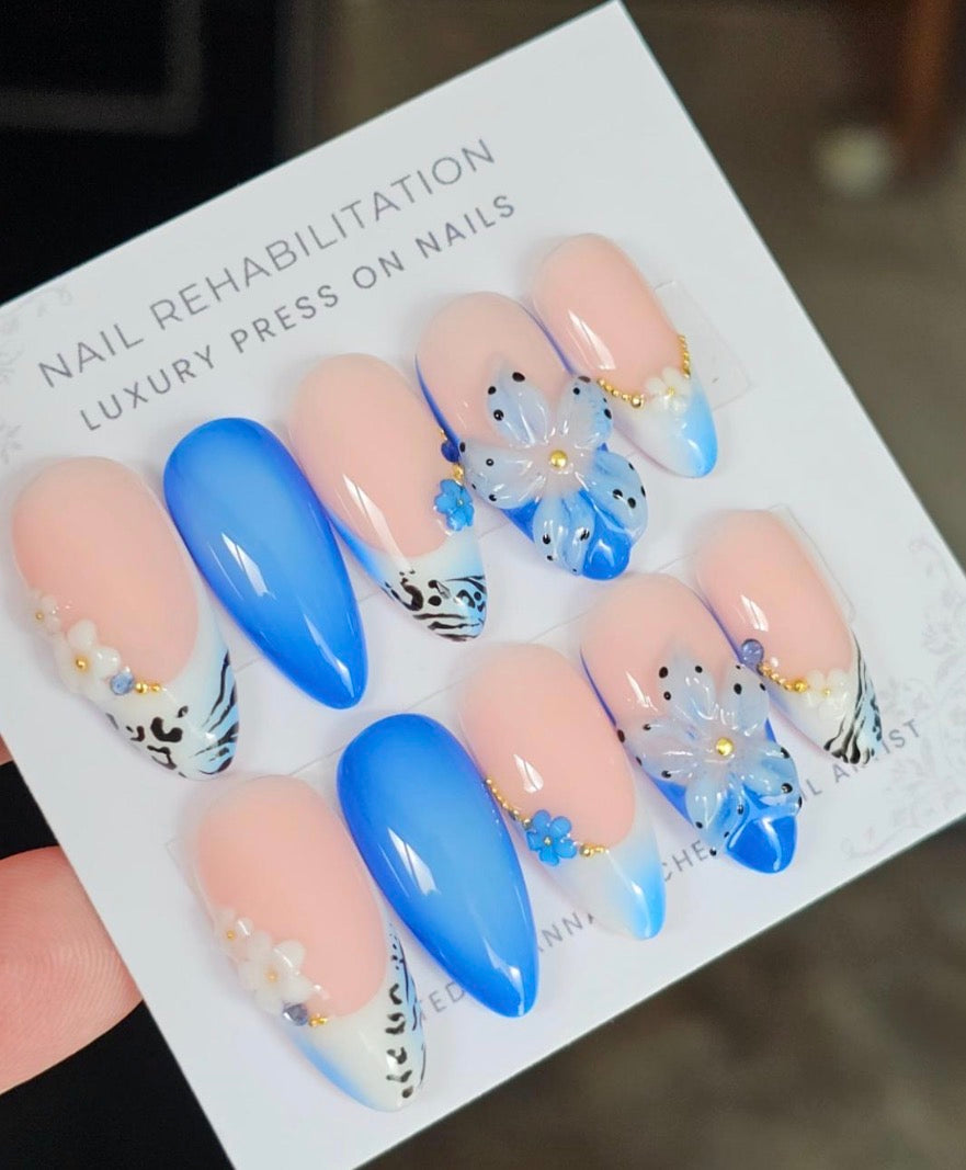 Blue Floral Zebra Press-On Nails