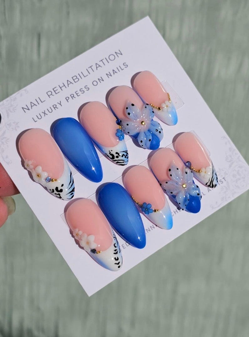 Blue Floral Zebra Press-On Nails