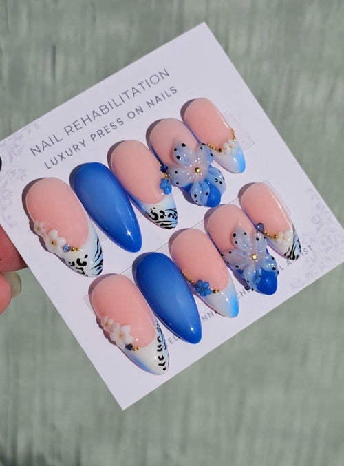 Blue Floral Zebra Press-On Nails