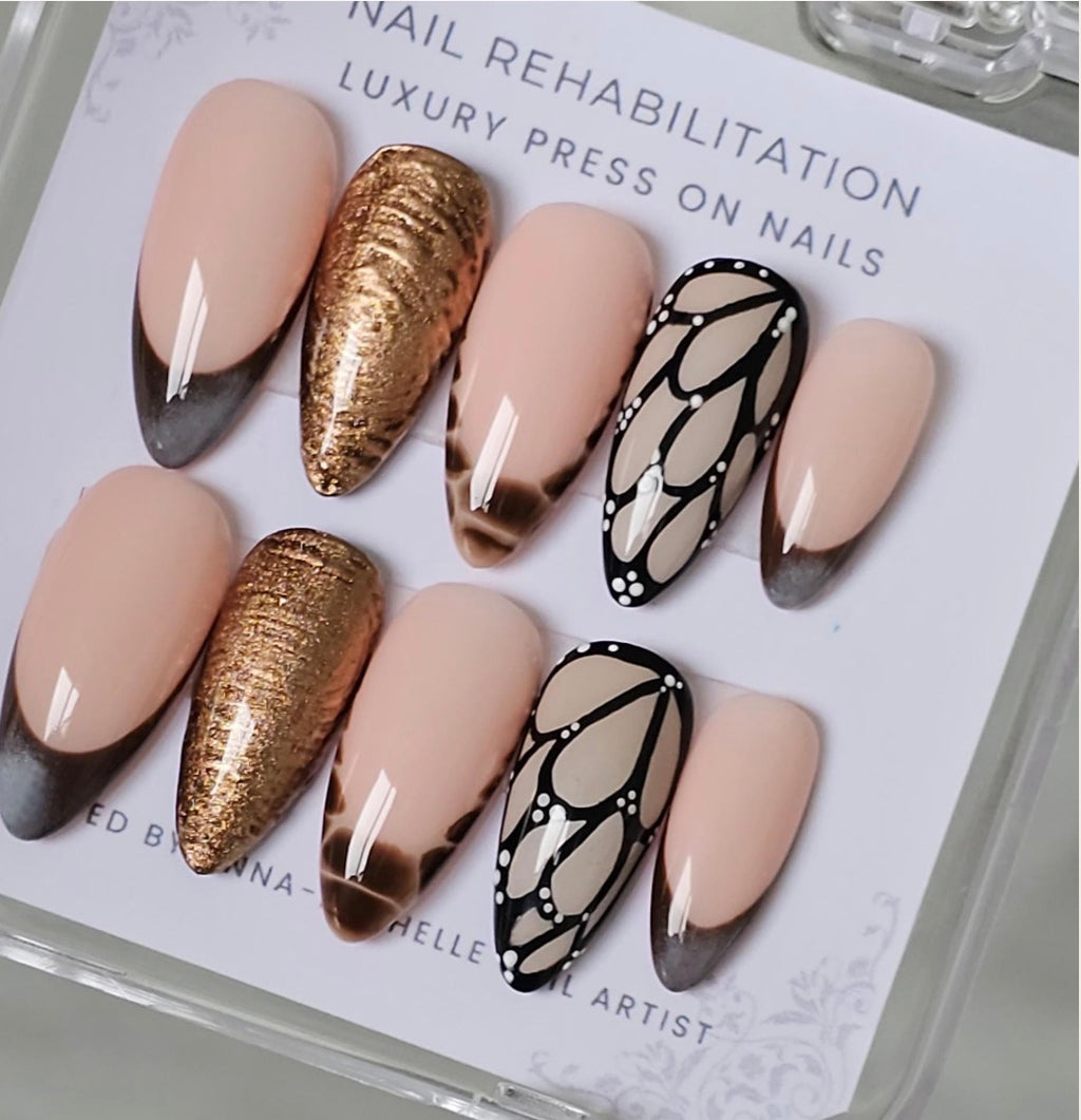 Brown Butterfly & Gold Press-On Nails
