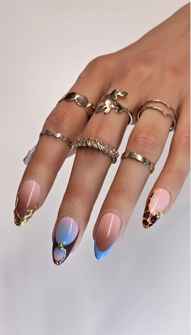 Blue & Tortoiseshell Gold 3D Press-On Nails