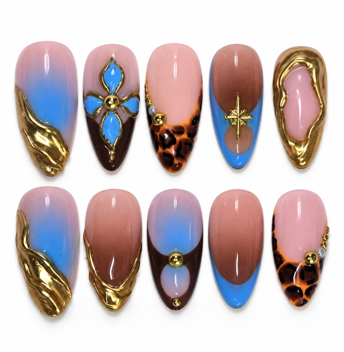 Blue & Tortoiseshell Gold 3D Press-On Nails