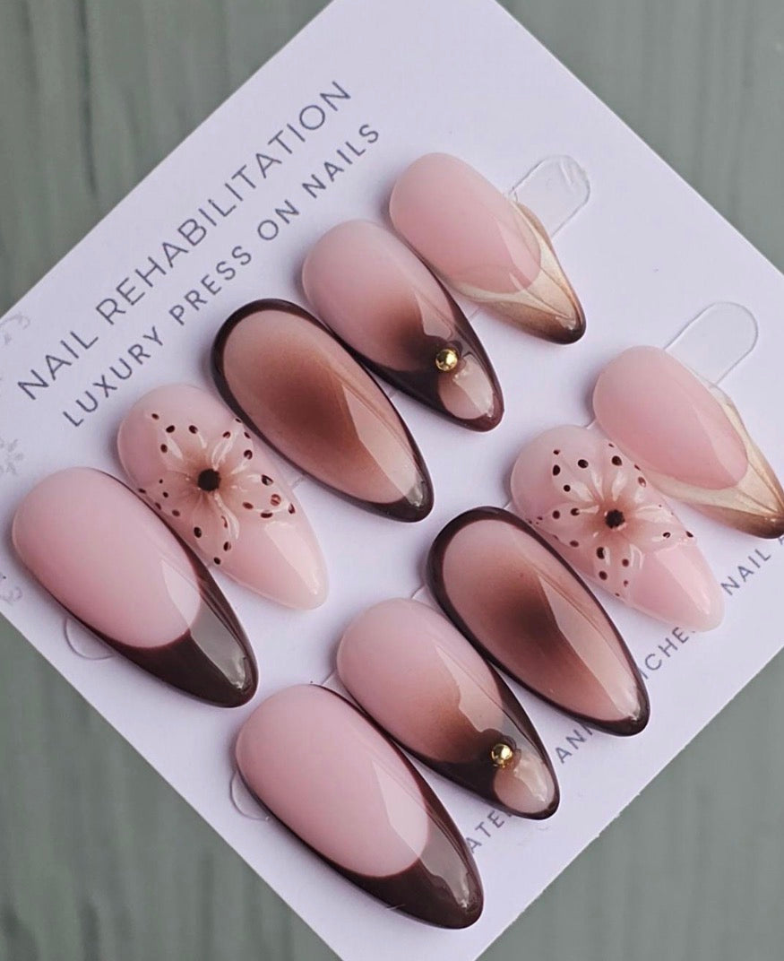 Chocolate Floral French Press-On Nails