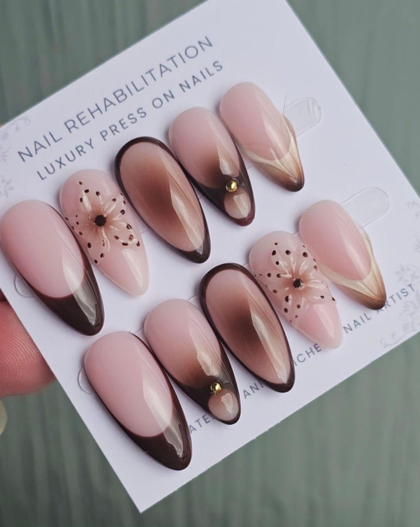Chocolate Floral French Press-On Nails