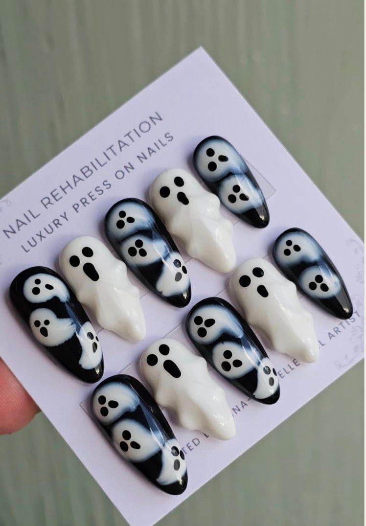 Black & White 3D Ghost Press-On Nails